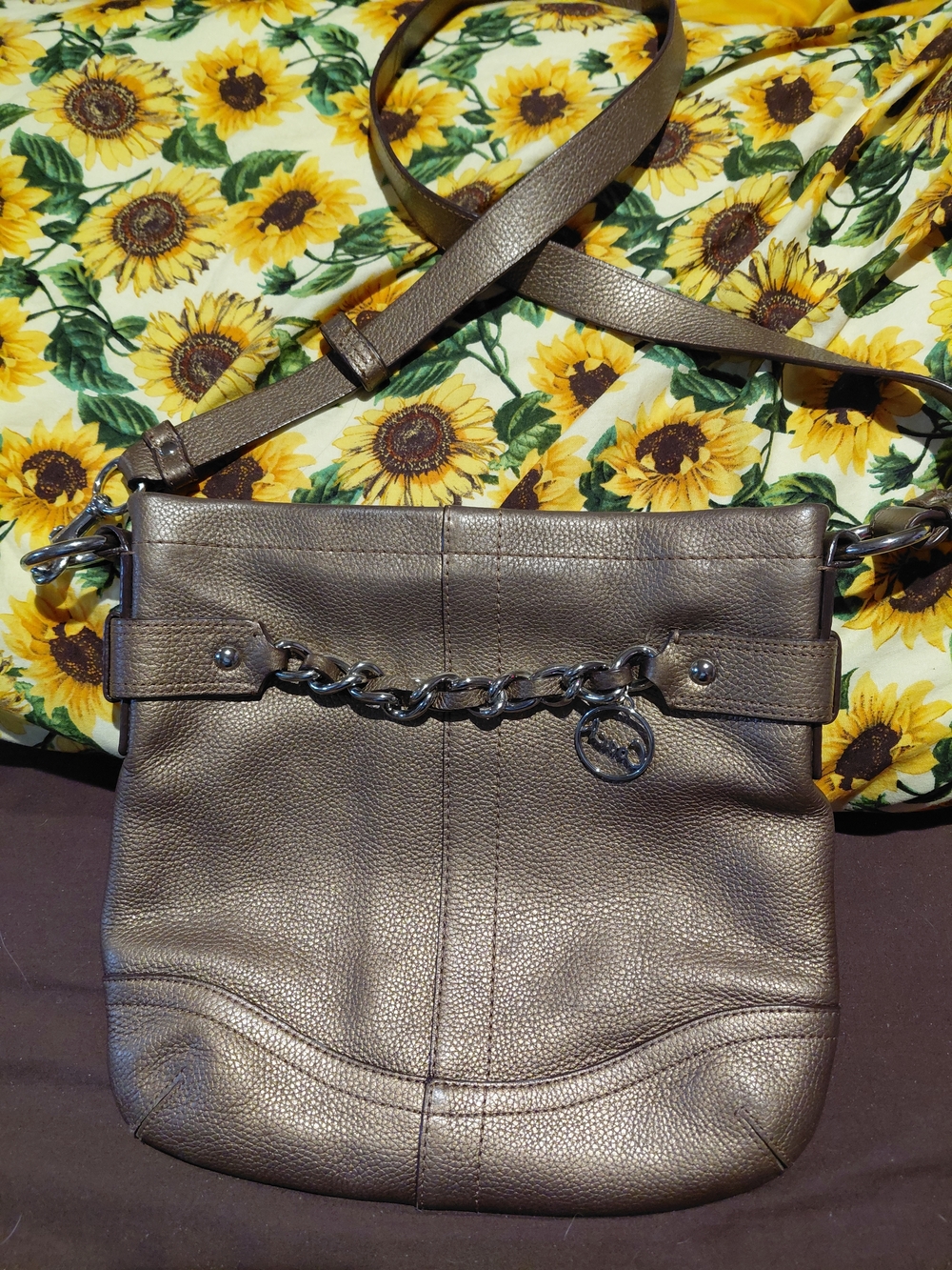 Coach Metallic Taupe Pebbled Leather Crossbody with Chain Detail